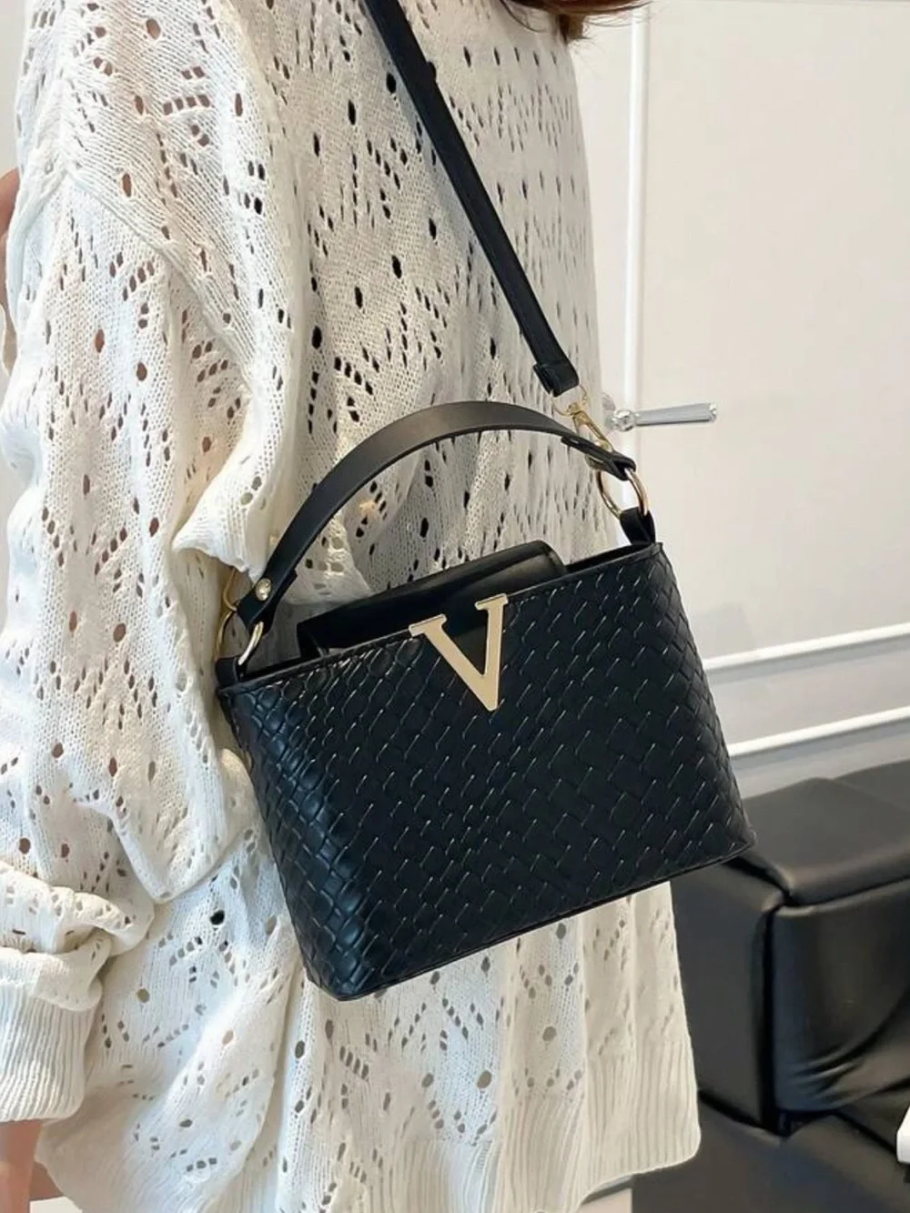 Black Woven Shoulder Bag with Gold V Accent